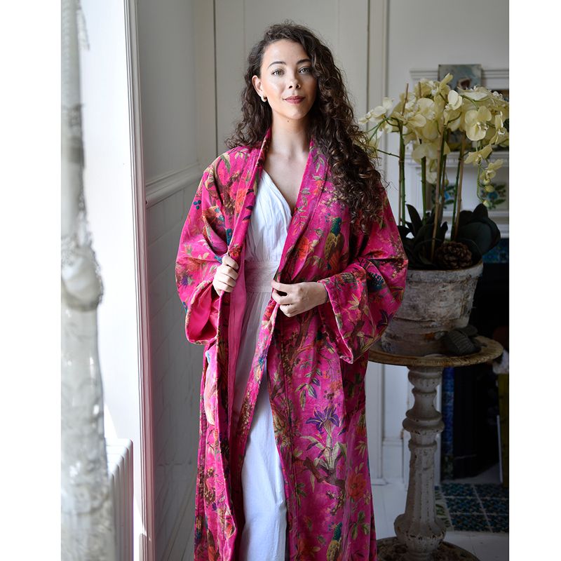 Velvet Hot Pink Birds of Paradise Dressing Gown