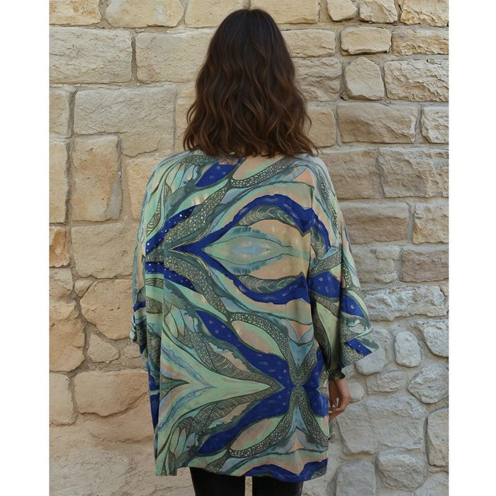 Blue, Green & Cream Marble Print Viscose Summer Jacket