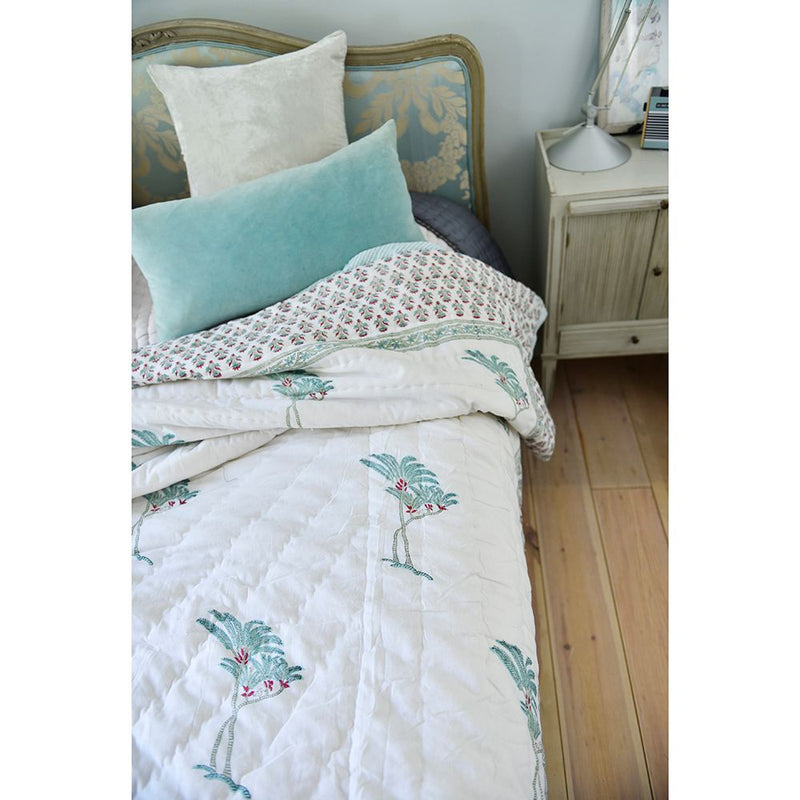 Mint Palm Tree Indian Block Printed Cotton Bed Quilt