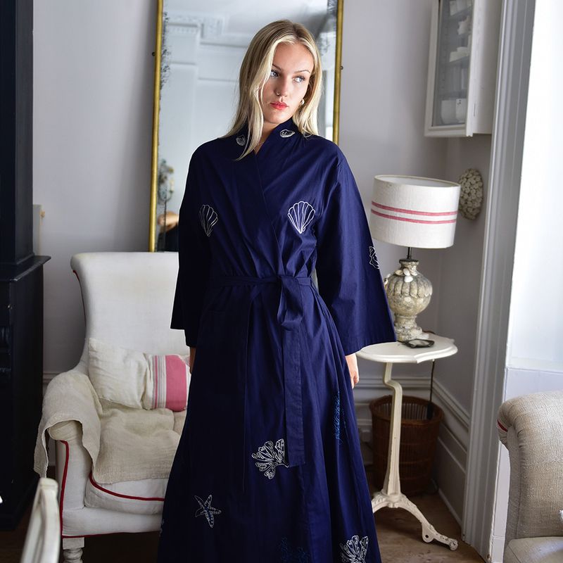 Navy Blue Embroidered Sea Shell Cotton Dressing Gown