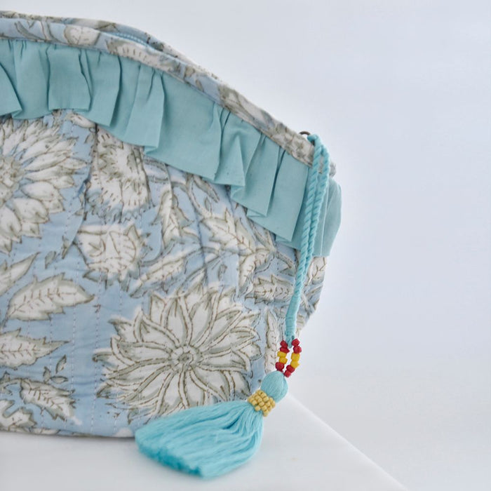 Block Printed Blue Cornflower Quilted Make Up Bag