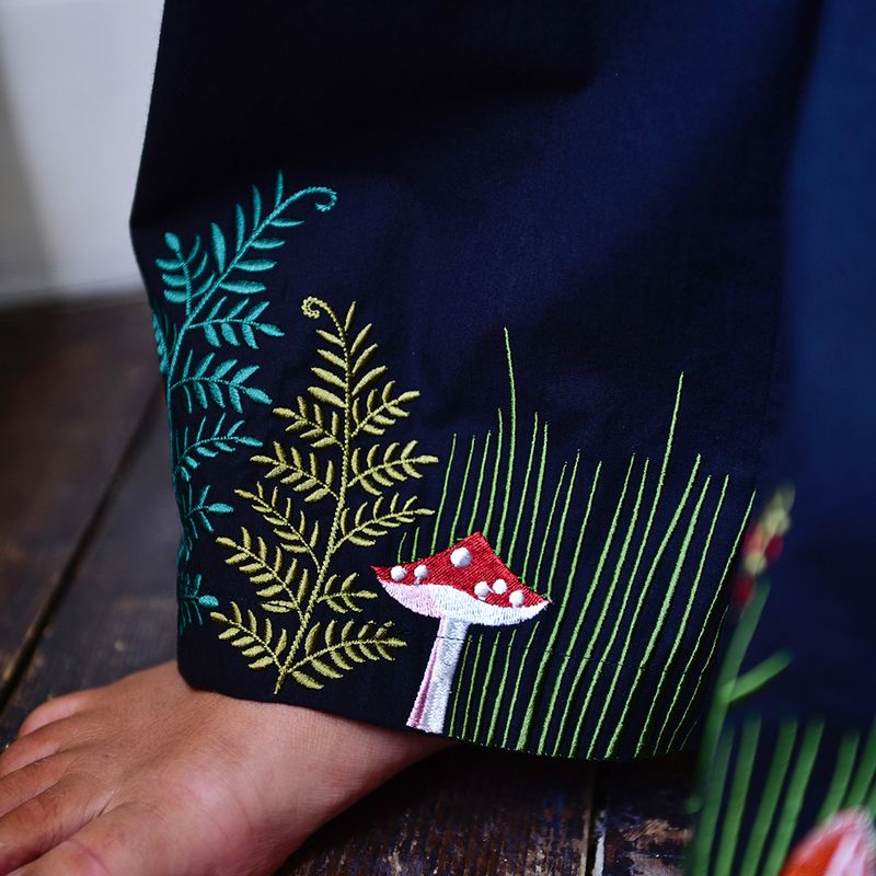 Midnight Black Embroidered Woodland Cotton Pyjamas