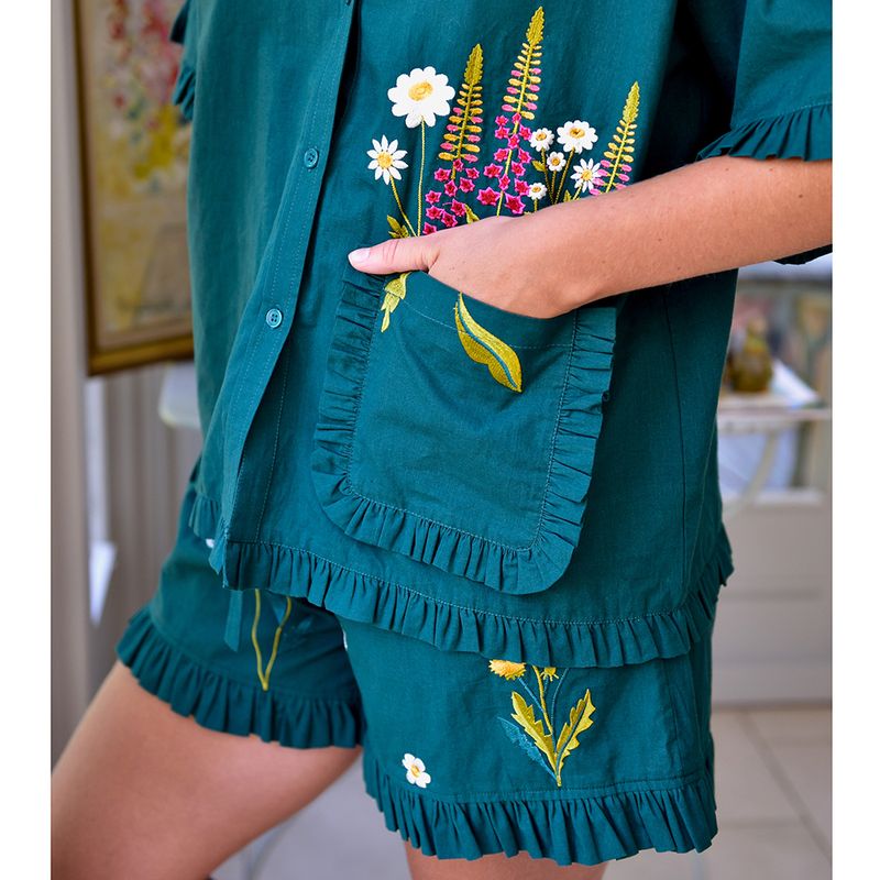 Forest Green Embroidered Floral Cotton Short Pyjama Set