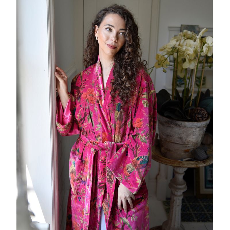 Velvet Hot Pink Birds of Paradise Dressing Gown