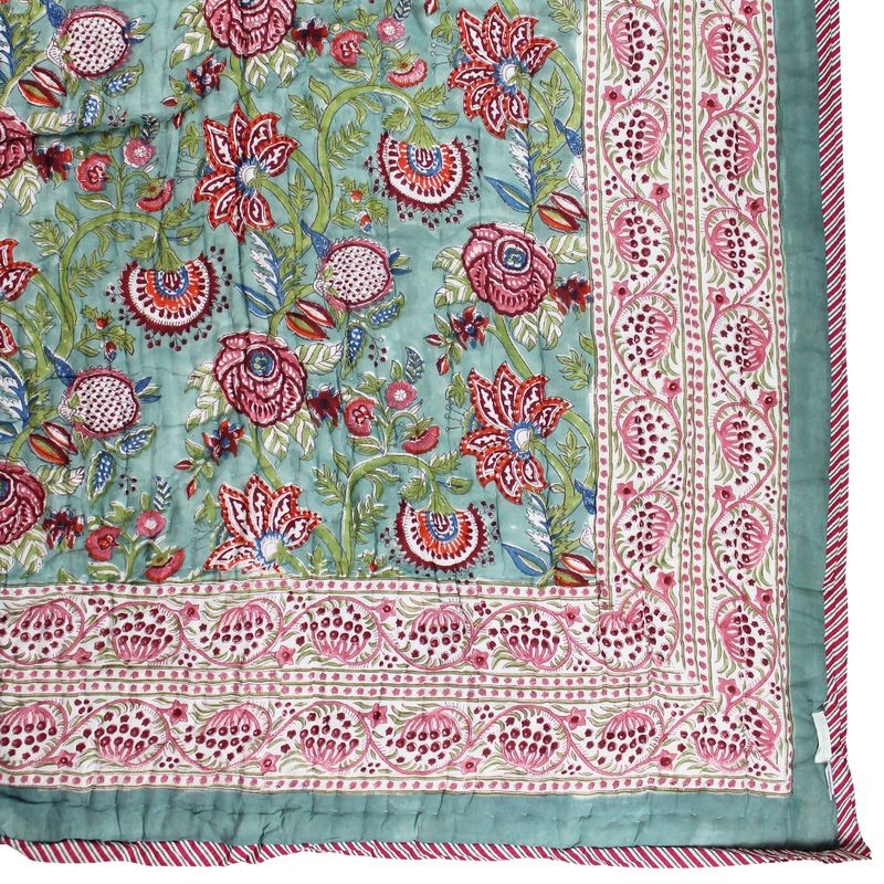 Turquoise, Pink & Burgundy Floral Indian Block Printed Cotton Bed Quilt