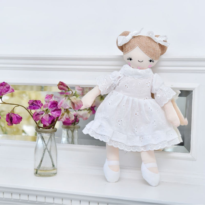 Craft Doll Wearing White Embroidered Dress