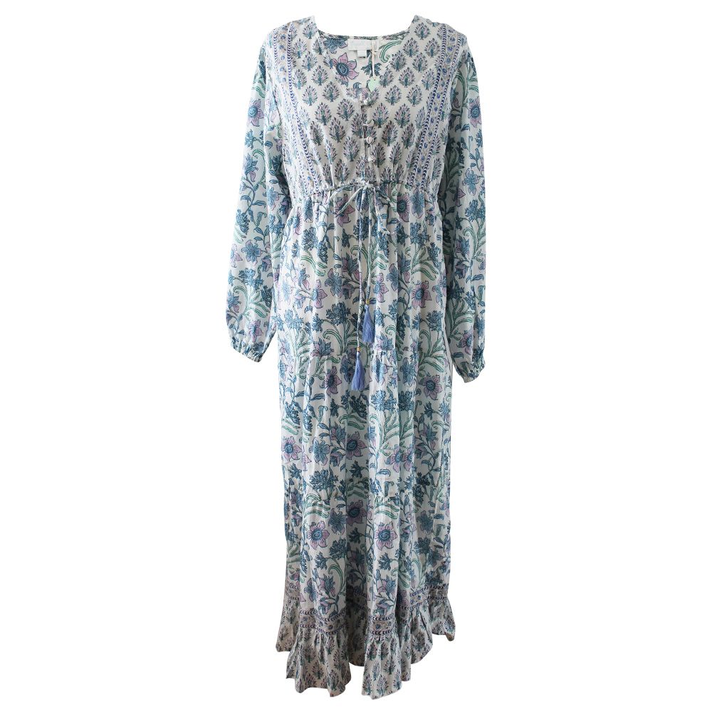 Block Printed Lilac Blue Floral Cotton Dress 'Cassidy'