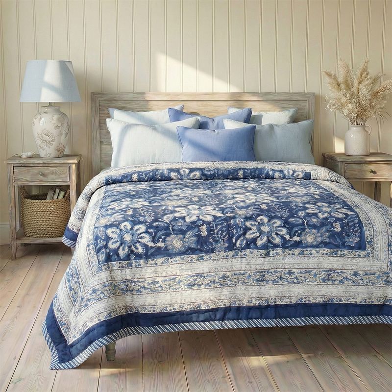 Indigo Blue & White Floral Indian Block Printed Cotton Bed Quilt
