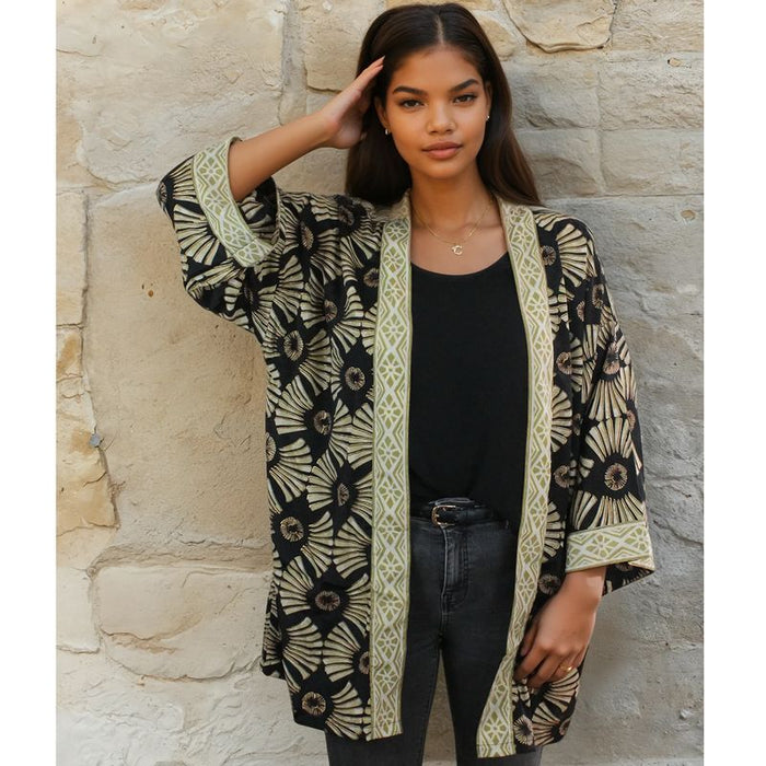 Black & Gold Fan Print Viscose Summer Jacket