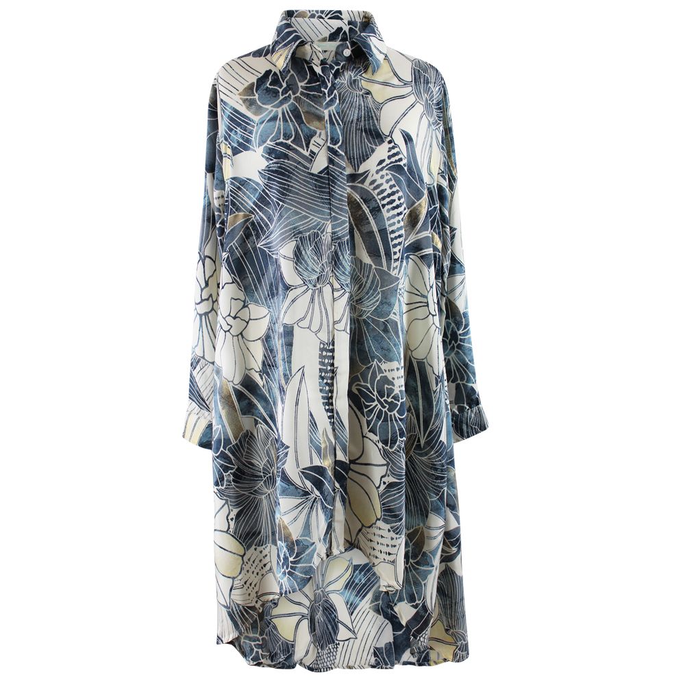 'Maren' Buttoned Navy, Cream & Gold Abstract Floral Print Shirt Dress