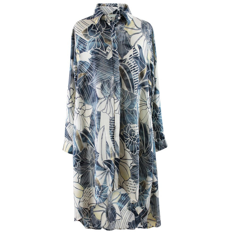 'Maren' Buttoned Navy, Cream & Gold Abstract Floral Print Shirt Dress