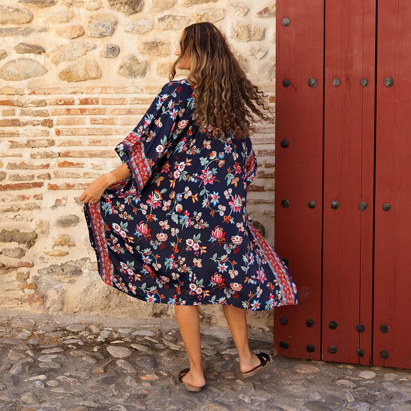 'Cleo' Navy Folk Floral Kaftan