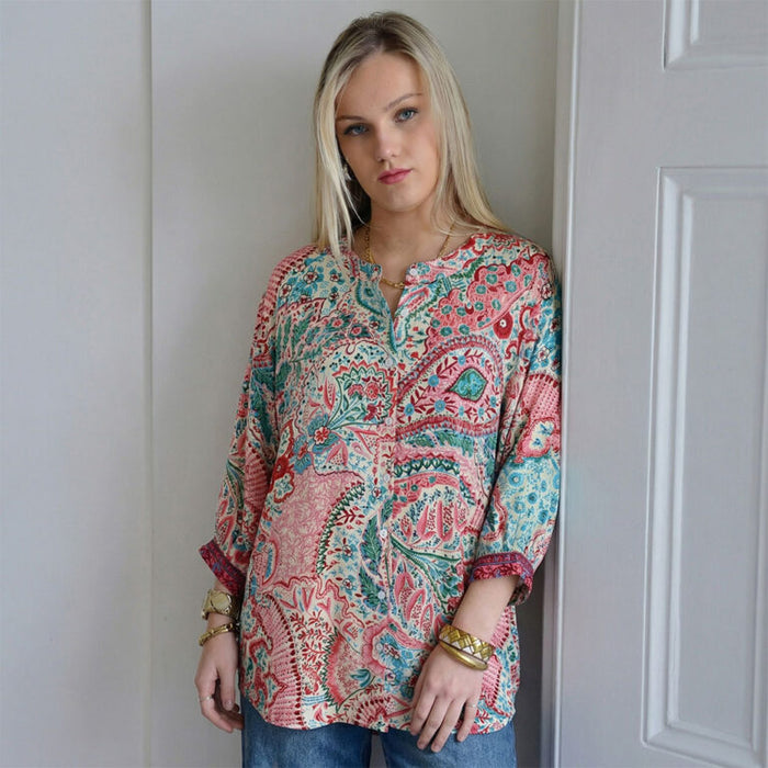 'Penny' Pink & Blue Paisley Button Down Shirt