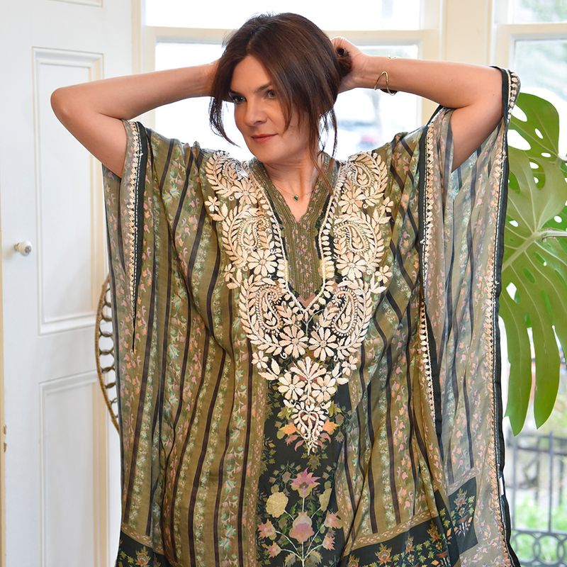 Bohemian Floral Border Viscose Kaftan In Green with Heavy Cream Fishbone Embroidery