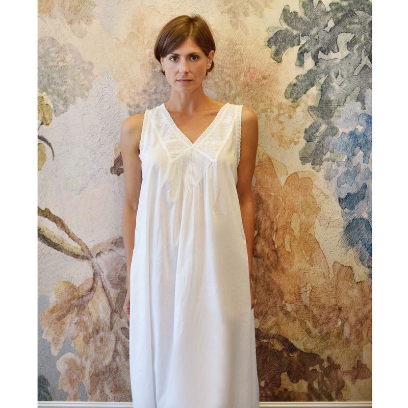 Ladies Sleeveless Embroidered Nightdress with Dainty Pin Tucking 'Jane'