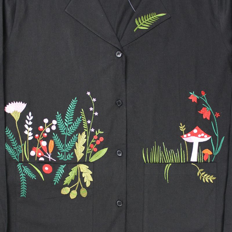 Midnight Black Embroidered Woodland Cotton Pyjamas