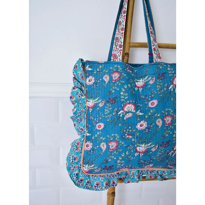 Block Printed Blue & Pink Floral Quilted Ruffle Tote Bag
