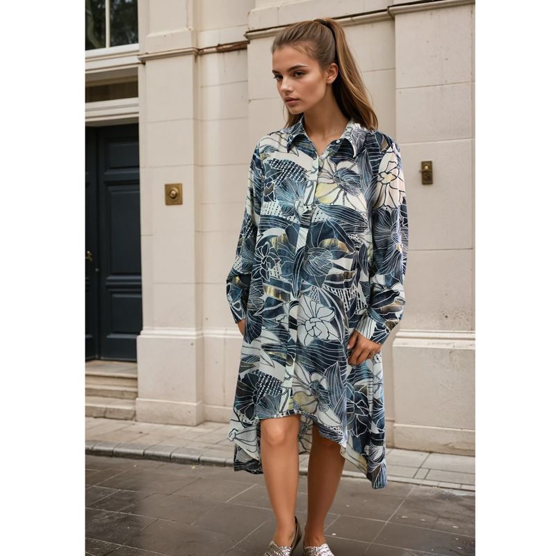'Maren' Buttoned Navy, Cream & Gold Abstract Floral Print Shirt Dress