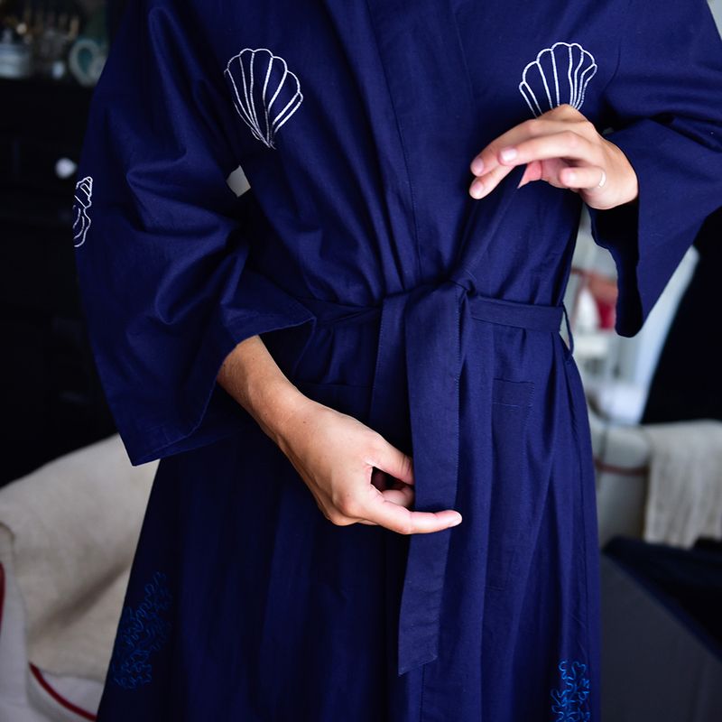 Navy Blue Embroidered Sea Shell Cotton Dressing Gown