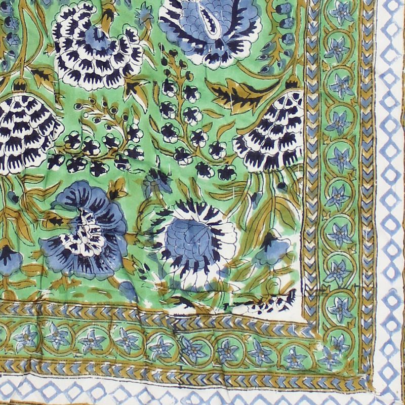 Green & Blue Floral Indian Block Printed Cotton Bed Quilt