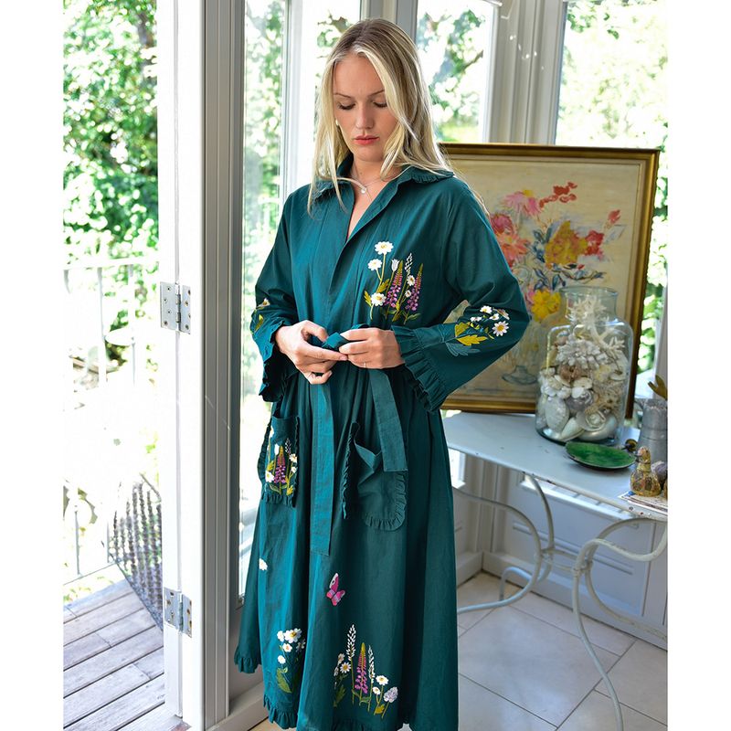 Forest Green Embroidered Floral Cotton Dressing Gown