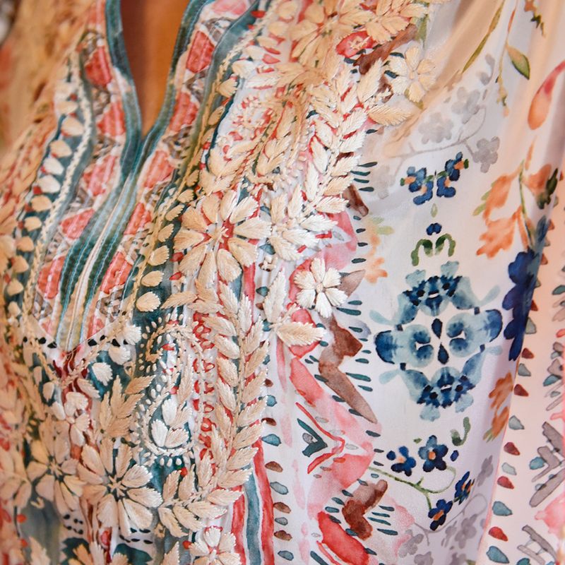 Watercolour Floral Viscose Kaftan with Heavy Cream Fishbone Embroidery