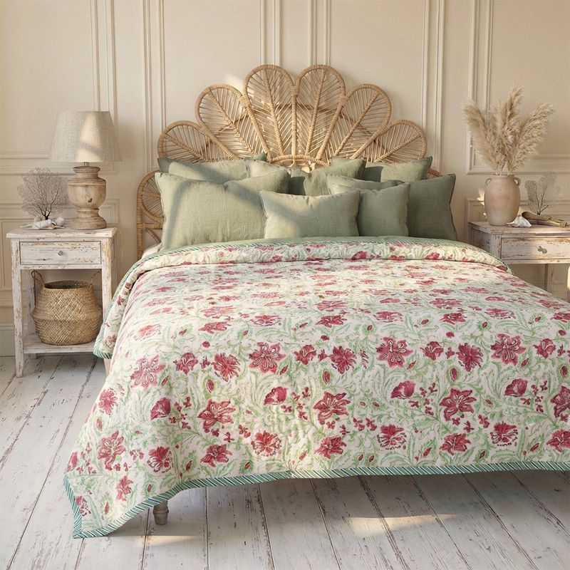 Colourful Floral Motif Indian Block Printed Cotton Bed Quilt