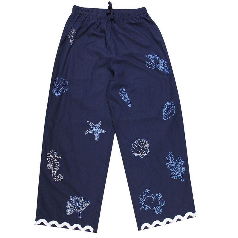 Navy Blue Embroidered Sea Shell Cotton Pyjamas