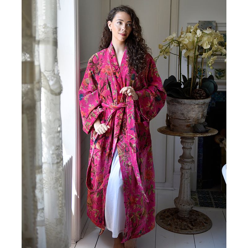 Velvet Hot Pink Birds of Paradise Dressing Gown