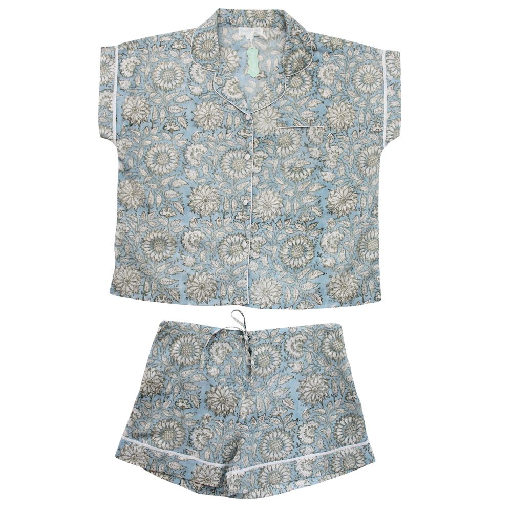 Block Printed Blue Cornflower Cotton Short Pyjama Set