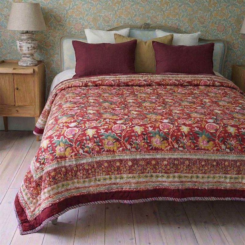 Deep Red, Green & Mustard Floral Indian Block Printed Cotton Bed Quilt