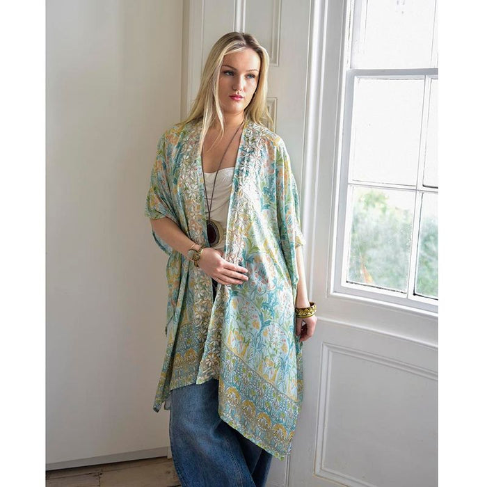 Spring Floral Viscose Kaftan Jacket with Heavy Cream Fishbone Embroidery