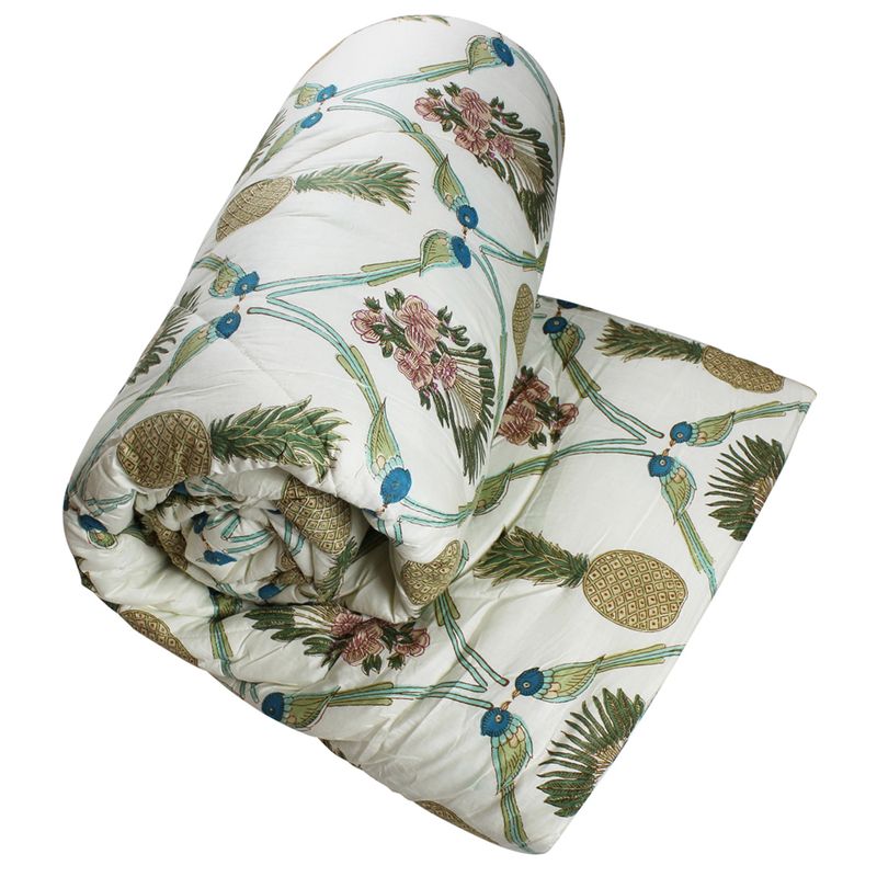 Pineapple & Bluebird Print Cotton Indian Bed Quilt