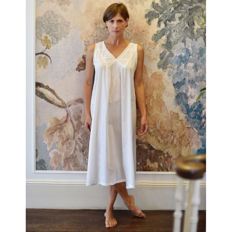 Ladies Sleeveless Embroidered Nightdress with Dainty Pin Tucking 'Jane'