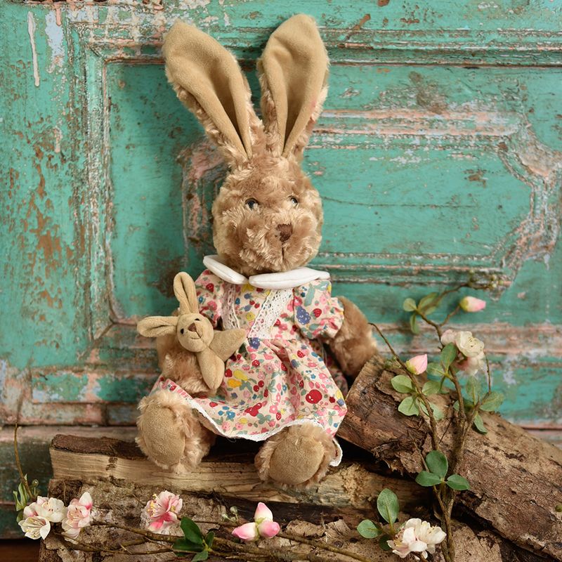 Rabbit Teddy Wearing Floral Dress With Baby Rabbit