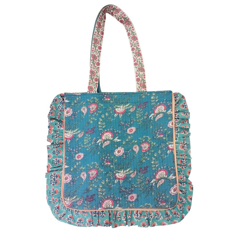 Block Printed Blue & Pink Floral Quilted Ruffle Tote Bag