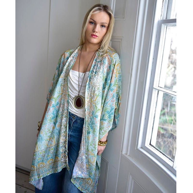 Spring Floral Viscose Kaftan Jacket with Heavy Cream Fishbone Embroidery