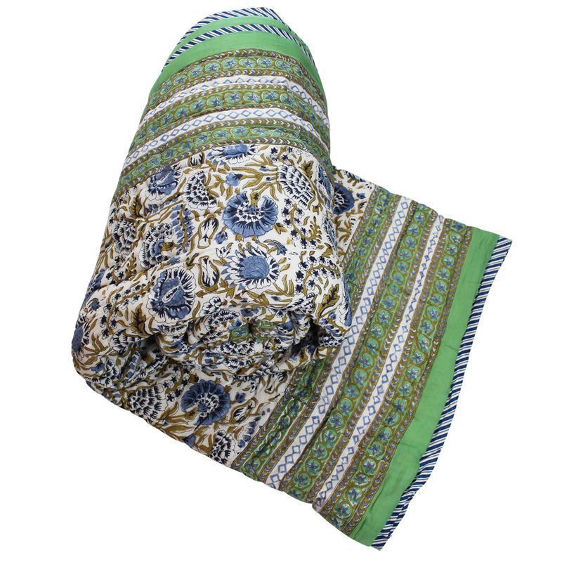 Green & Blue Floral Indian Block Printed Cotton Bed Quilt