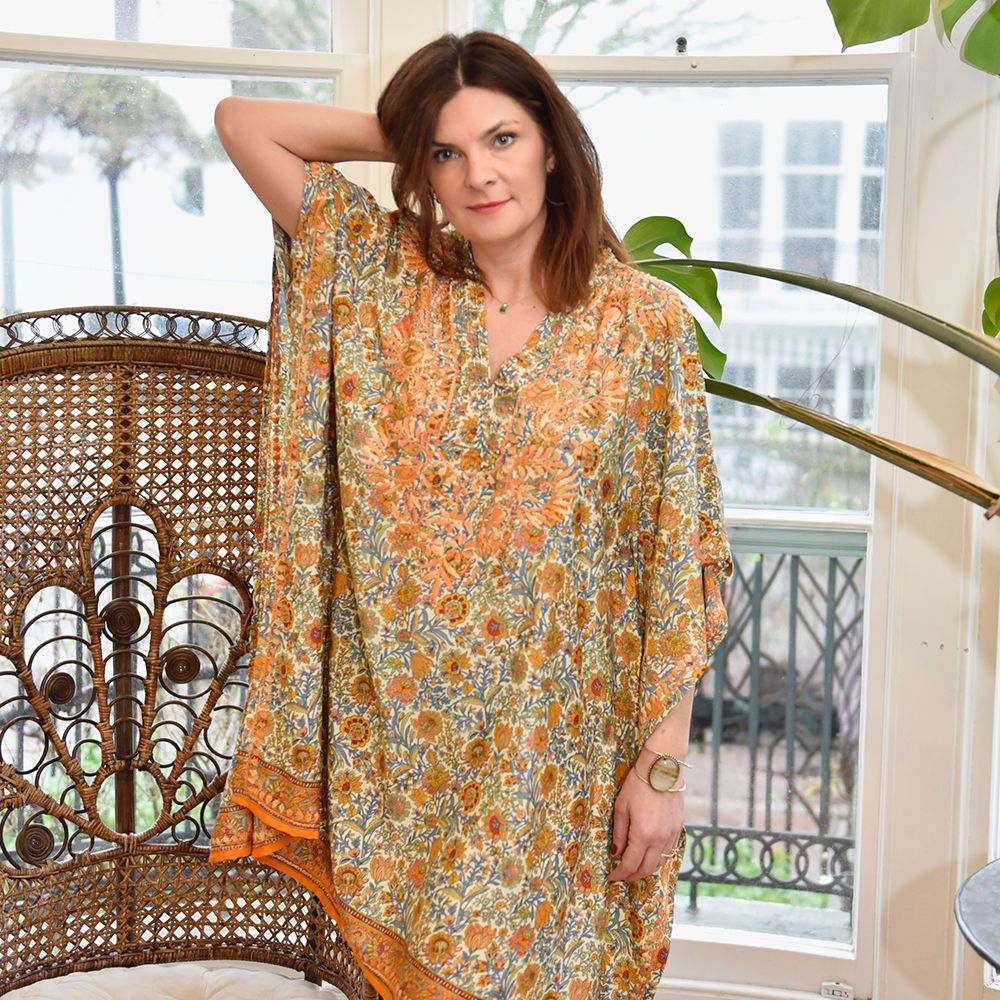 Bohemian Orange & Blue Floral Viscose Kaftan with Heavy Orange Fishbone Embroidery