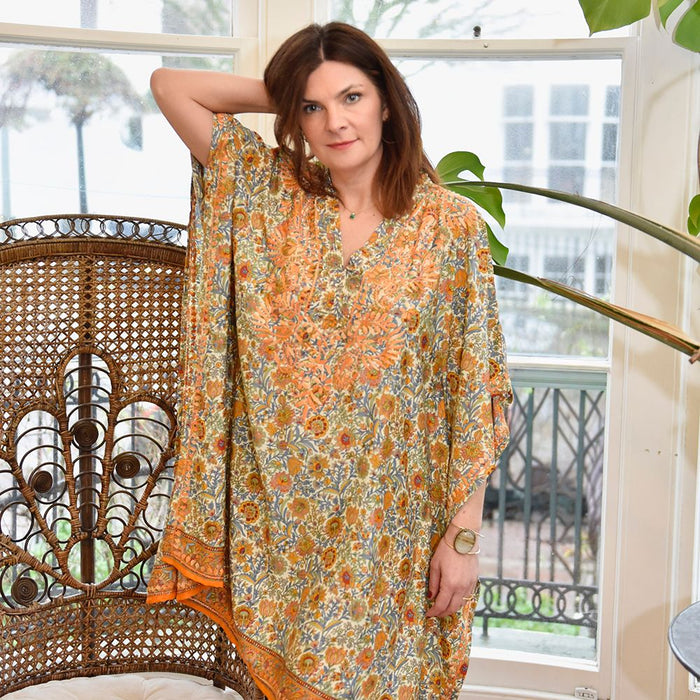 Bohemian Orange & Blue Floral Viscose Kaftan with Heavy Orange Fishbone Embroidery