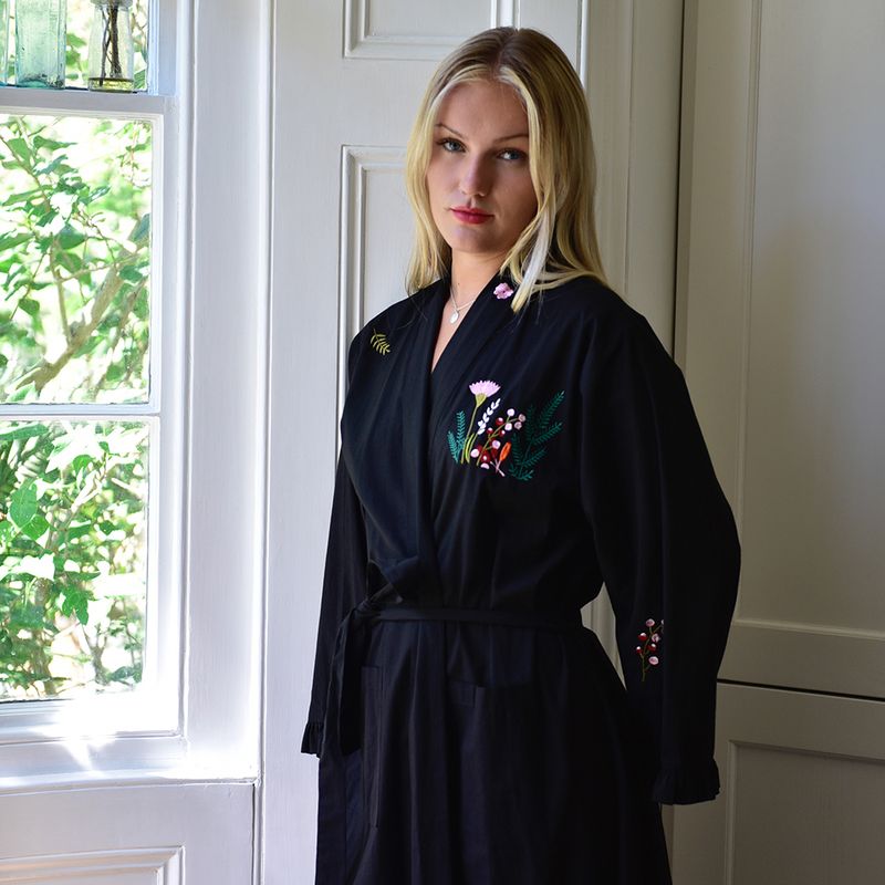 Midnight Black Embroidered Woodland Cotton Dressing Gown