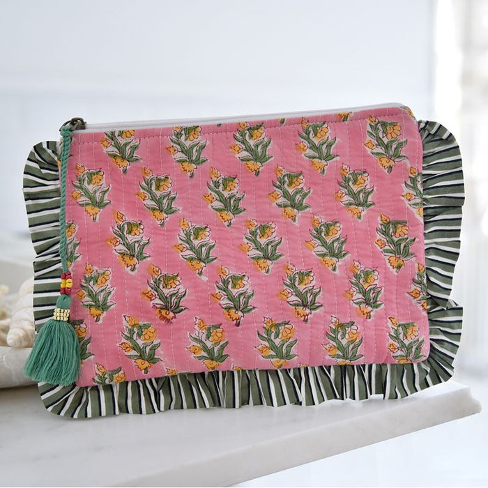 Block Printed Green & Pink Ogee Quilted Ruffle Make Up Bag
