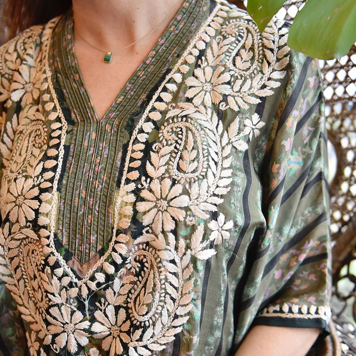Bohemian Floral Border Viscose Kaftan In Green with Heavy Cream Fishbone Embroidery