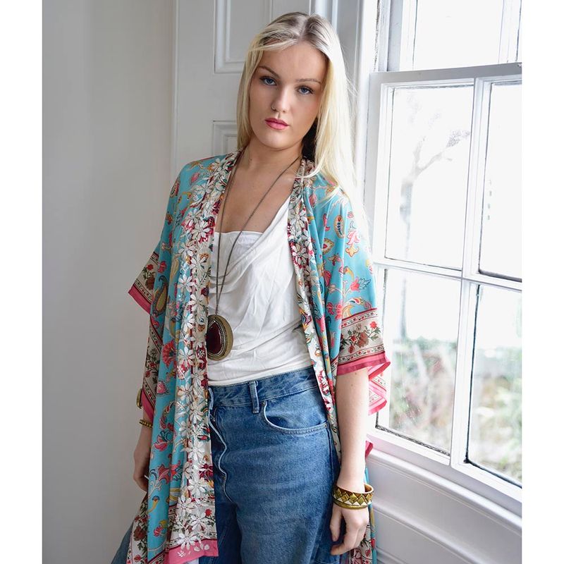 Exotic Floral Viscose Kaftan Jacket with Heavy Cream Fishbone Embroidery