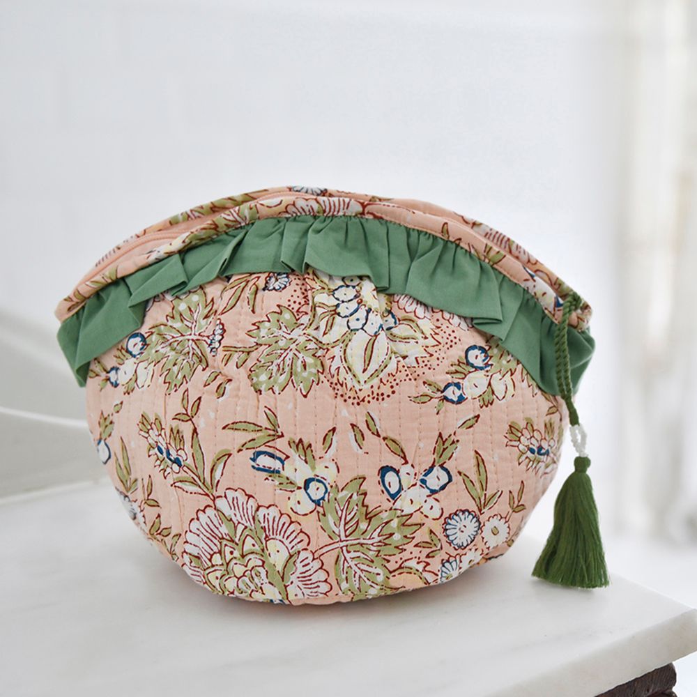 Block Printed Peach Floral Quilted Make Up Bag