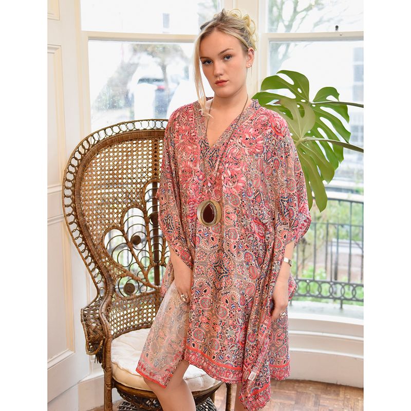 Bohemian Paisley Viscose Kaftan In Pink with Heavy Pink Ombre Fishbone Embroidery