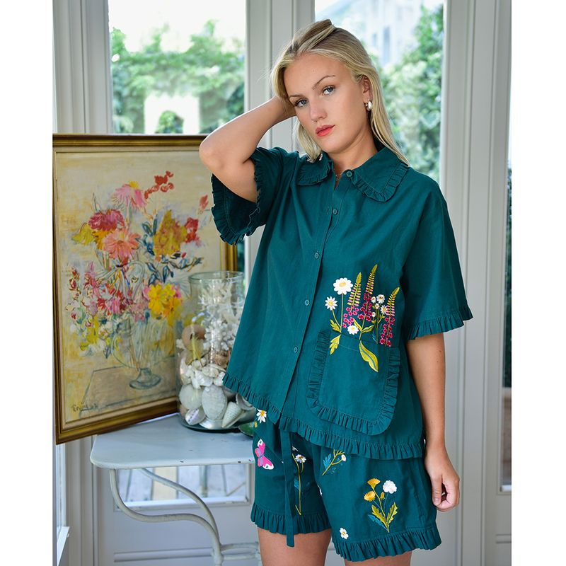 Forest Green Embroidered Floral Cotton Short Pyjama Set