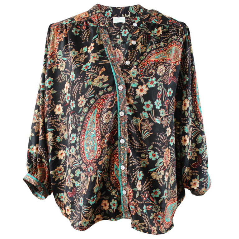 Black, Blue & Red Floral Paisley Print Button Down Shirt