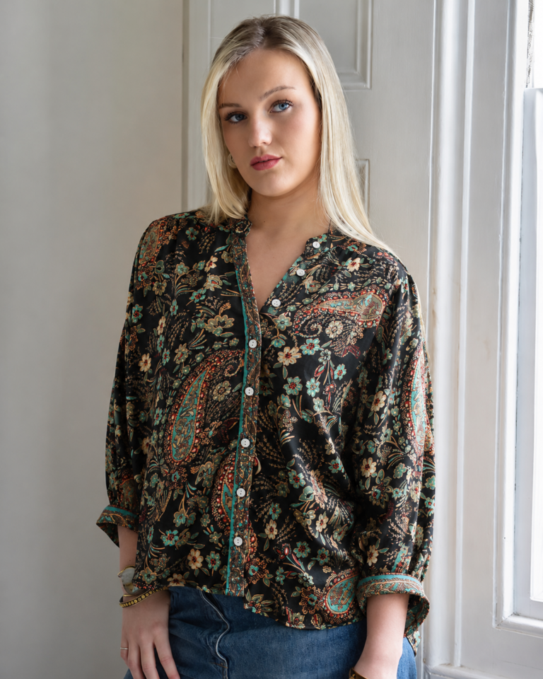 Black, Blue & Red Floral Paisley Print Button Down Shirt