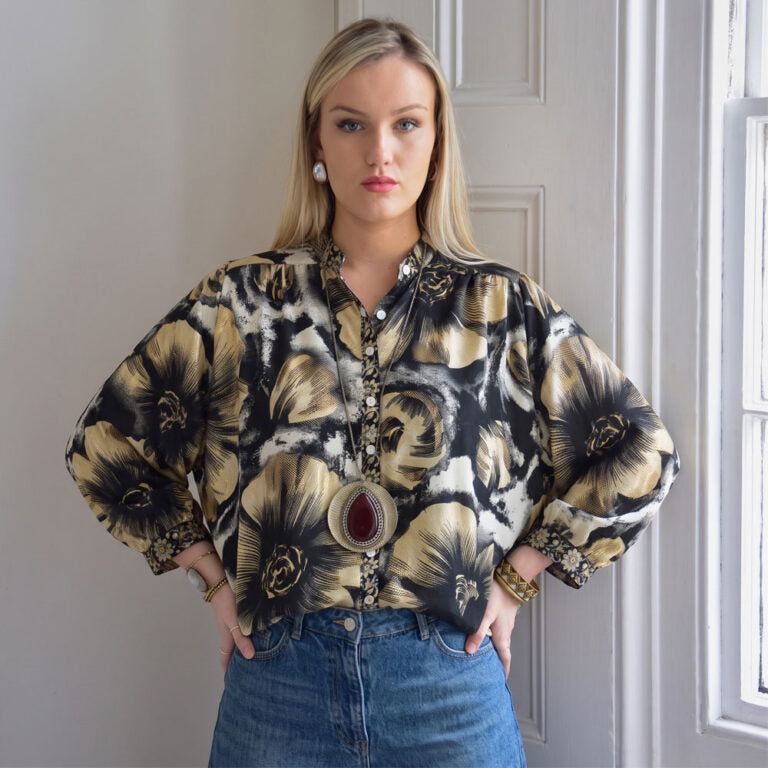 Golden Floral Print Button Down Shirt